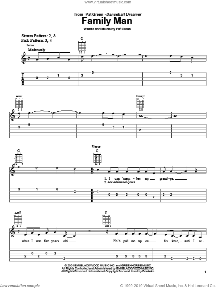 Family Man sheet music for guitar solo (easy tablature) by Pat Green, easy guitar (easy tablature)