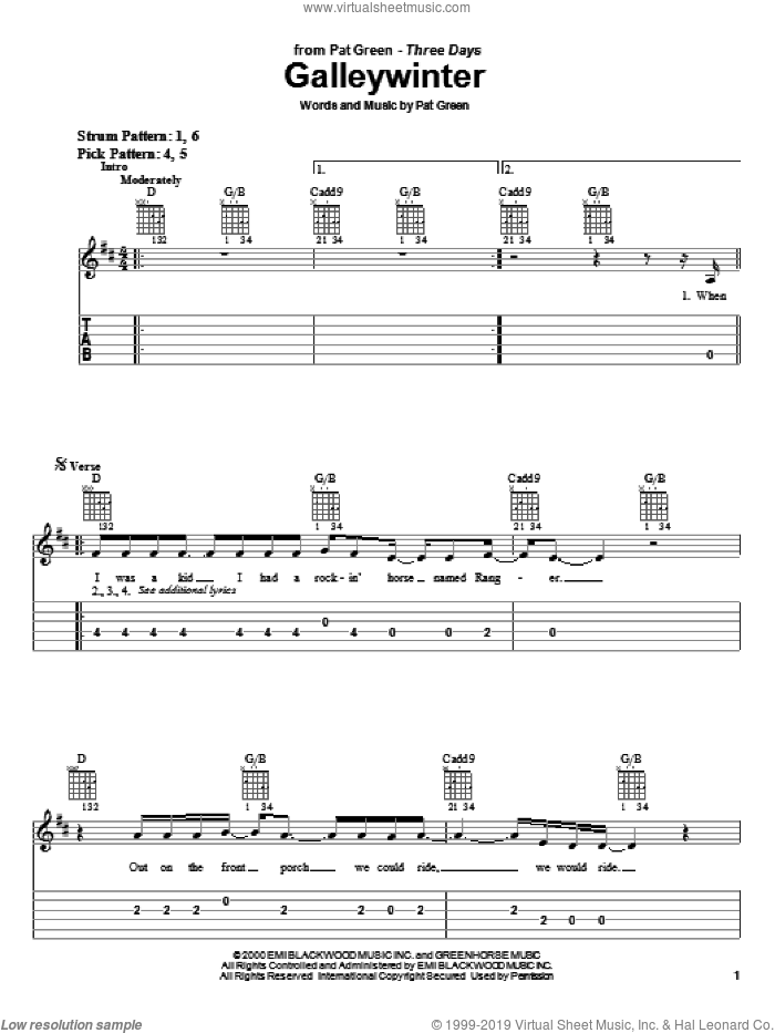 Galleywinter sheet music for guitar solo (easy tablature) by Pat Green, easy guitar (easy tablature)
