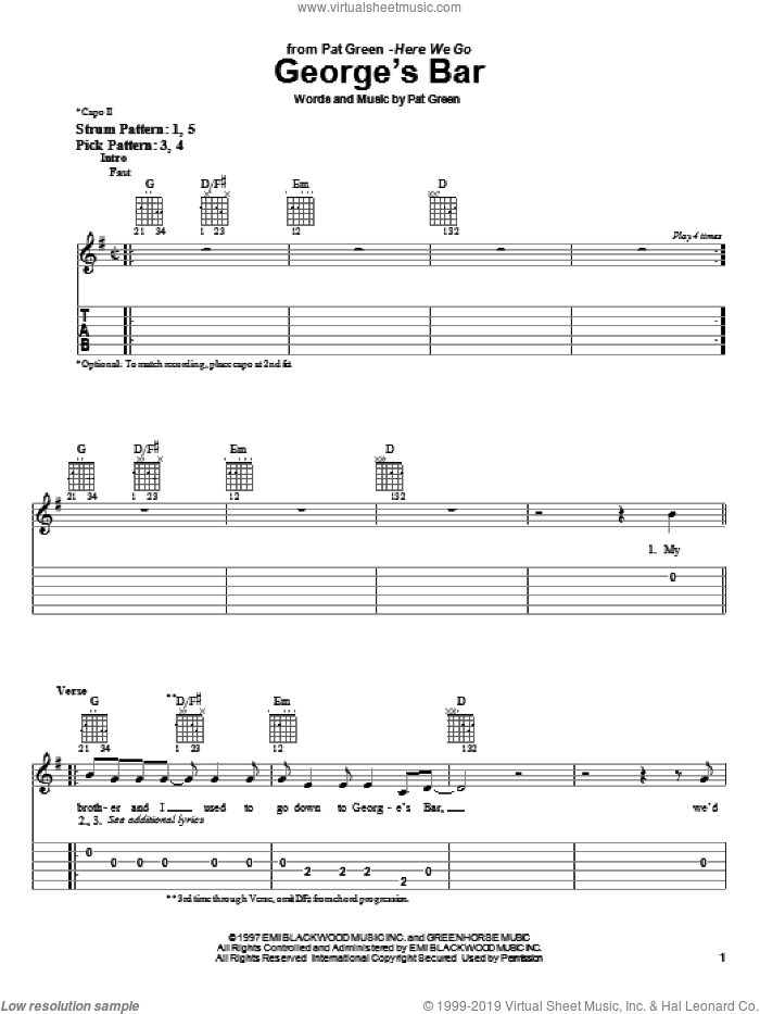 George's Bar sheet music for guitar solo (easy tablature) by Pat Green, easy guitar (easy tablature)