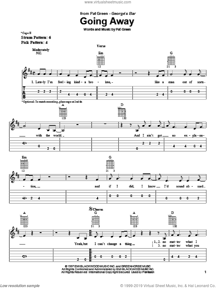 Going Away sheet music for guitar solo (easy tablature) by Pat Green, easy guitar (easy tablature)