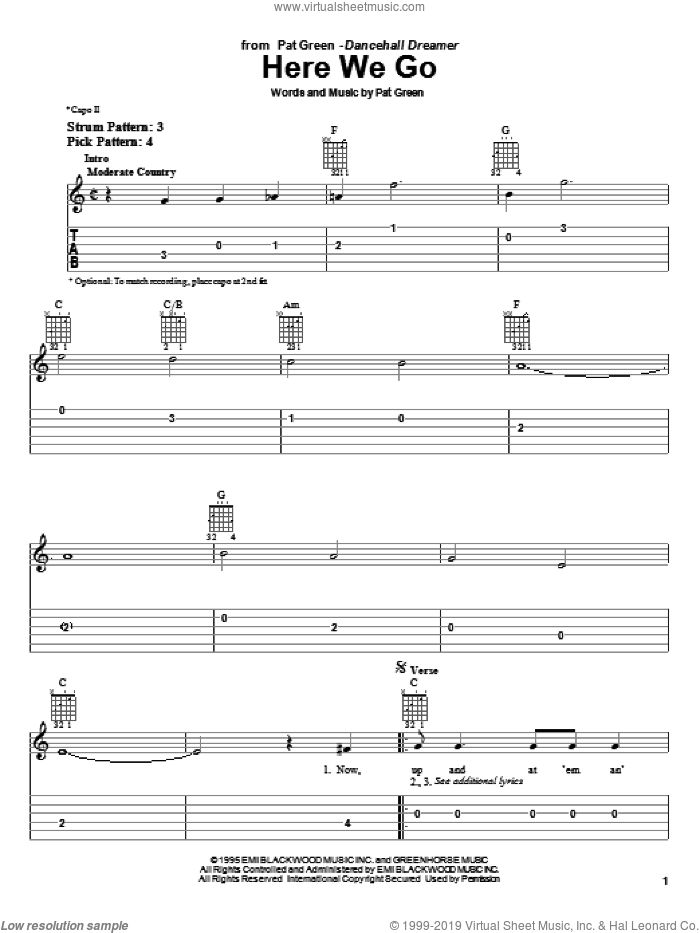 Here We Go sheet music for guitar solo (easy tablature) by Pat Green, easy guitar (easy tablature)