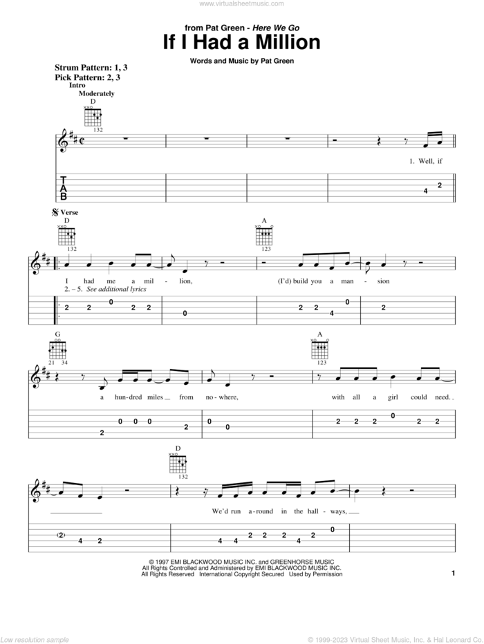 If I Had A Million sheet music for guitar solo (easy tablature) by Pat Green, easy guitar (easy tablature)