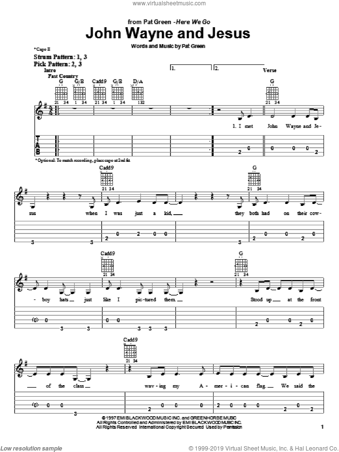 John Wayne And Jesus sheet music for guitar solo (easy tablature) by Pat Green, easy guitar (easy tablature)