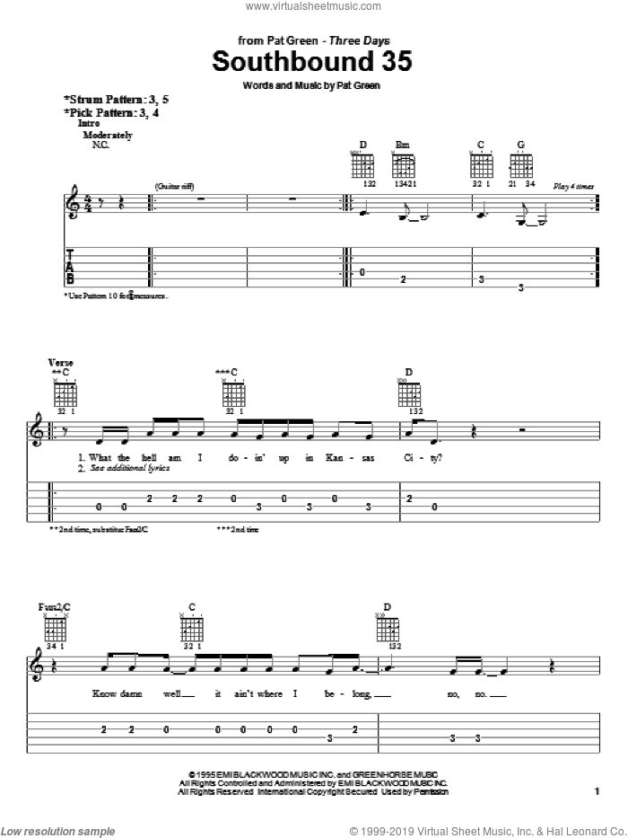 Southbound 35 sheet music for guitar solo (easy tablature) by Pat Green, easy guitar (easy tablature)