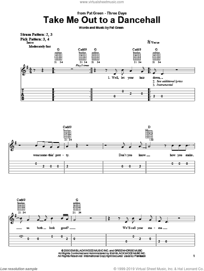 Take Me Out To A Dancehall sheet music for guitar solo (easy tablature) by Pat Green, easy guitar (easy tablature)