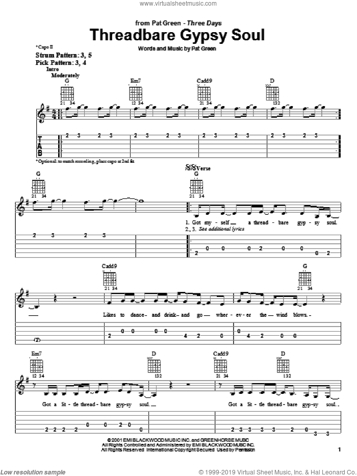 Threadbare Gypsy Soul sheet music for guitar solo (easy tablature) by Pat Green, easy guitar (easy tablature)
