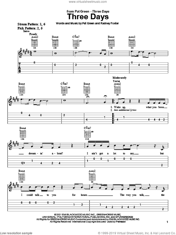 Three Days sheet music for guitar solo (easy tablature) by Pat Green and Radney Foster, easy guitar (easy tablature)