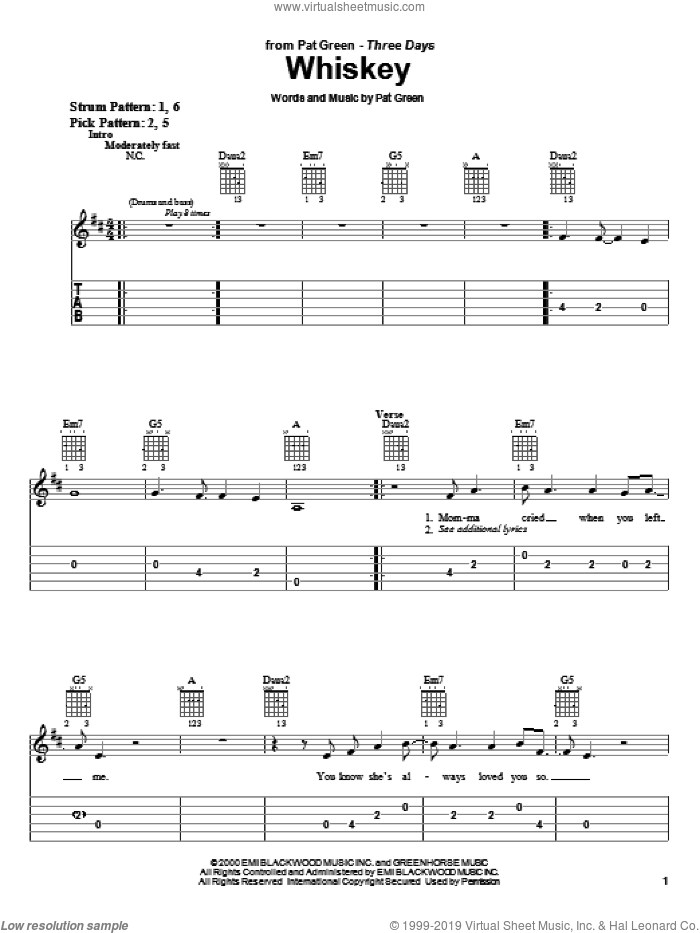 Whiskey sheet music for guitar solo (easy tablature) by Pat Green, easy guitar (easy tablature)