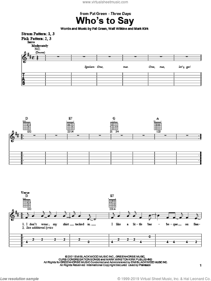 Who's To Say sheet music for guitar solo (easy tablature) by Pat Green, Mark Kirk and Walt Wilkins, easy guitar (easy tablature)