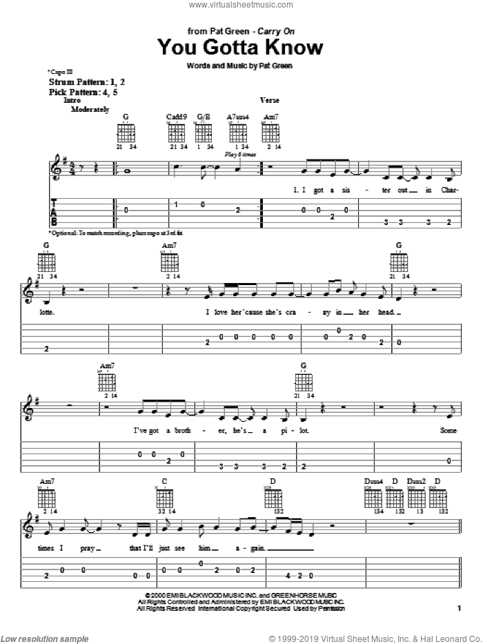 You Gotta Know sheet music for guitar solo (easy tablature) by Pat Green, easy guitar (easy tablature)