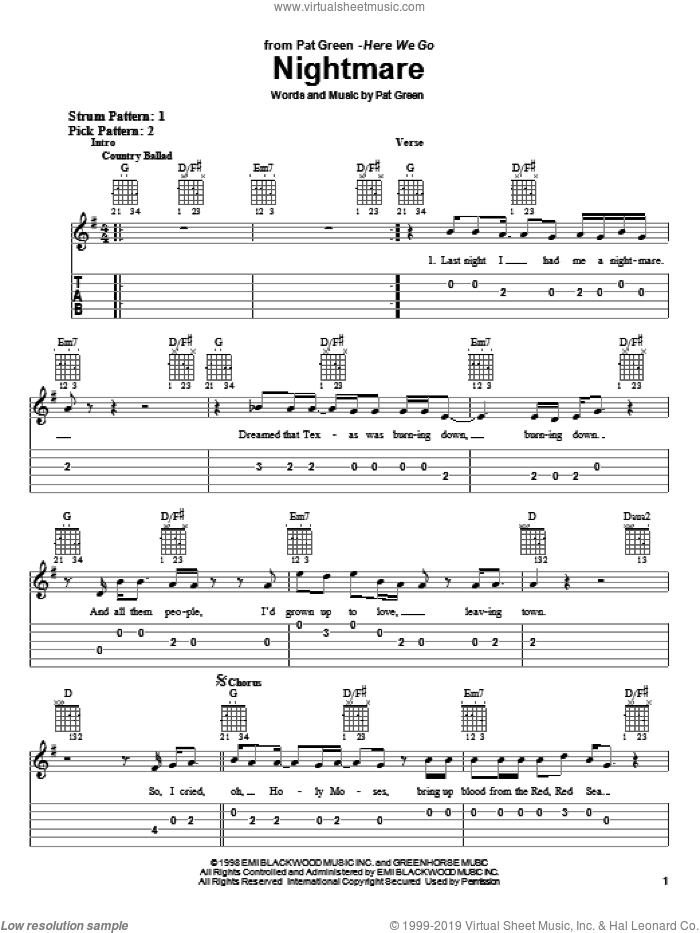 Nightmare sheet music for guitar solo (easy tablature) by Pat Green, easy guitar (easy tablature)