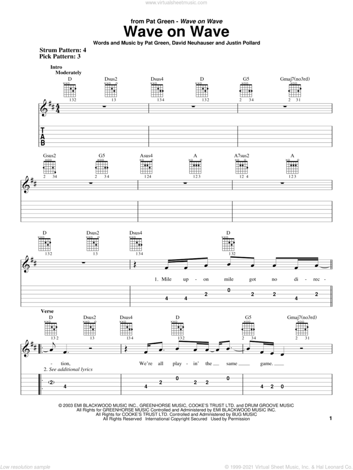 Wave On Wave sheet music for guitar solo (easy tablature) by Pat Green, David Neuhauser and Justin Pollard, easy guitar (easy tablature)