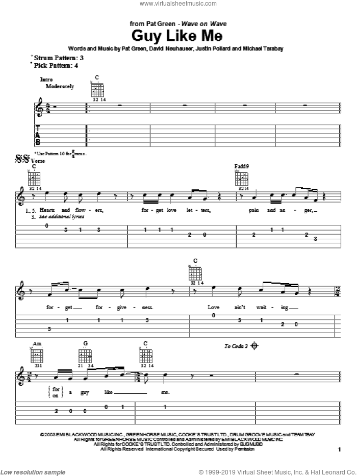 Guy Like Me sheet music for guitar solo (easy tablature) by Pat Green and David Neuhauser, easy guitar (easy tablature)