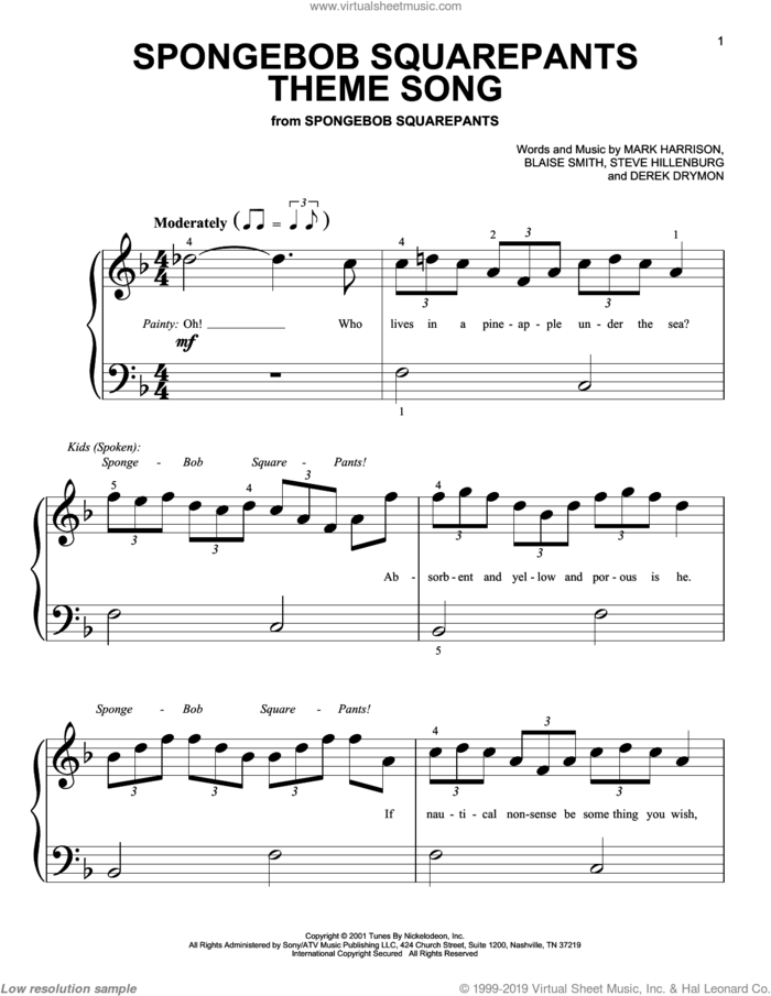SpongeBob SquarePants Theme Song sheet music for piano solo (big note book) by Mark Harrison, Blaise Smith and Steve Hillenburg, easy piano (big note book)