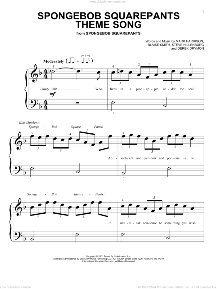 SpongeBob SquarePants Theme Song sheet music for piano solo (big note book) by Mark Harrison, Blaise Smith and Steve Hillenburg, easy piano (big note book)