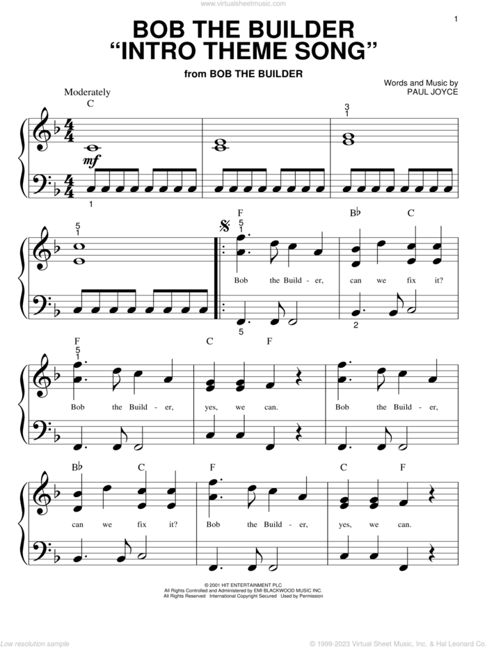 Bob The Builder 'Intro Theme Song' sheet music for piano solo (big note book) by Paul Joyce, easy piano (big note book)
