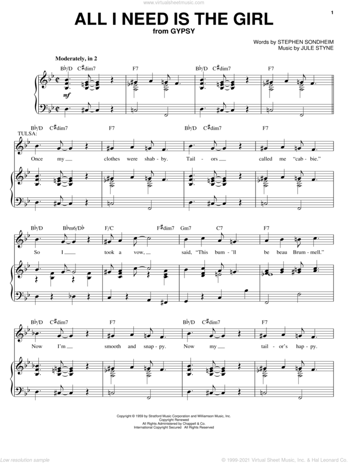 All I Need Is The Girl sheet music for voice and piano by Stephen Sondheim, Gypsy (Musical) and Jule Styne, intermediate skill level