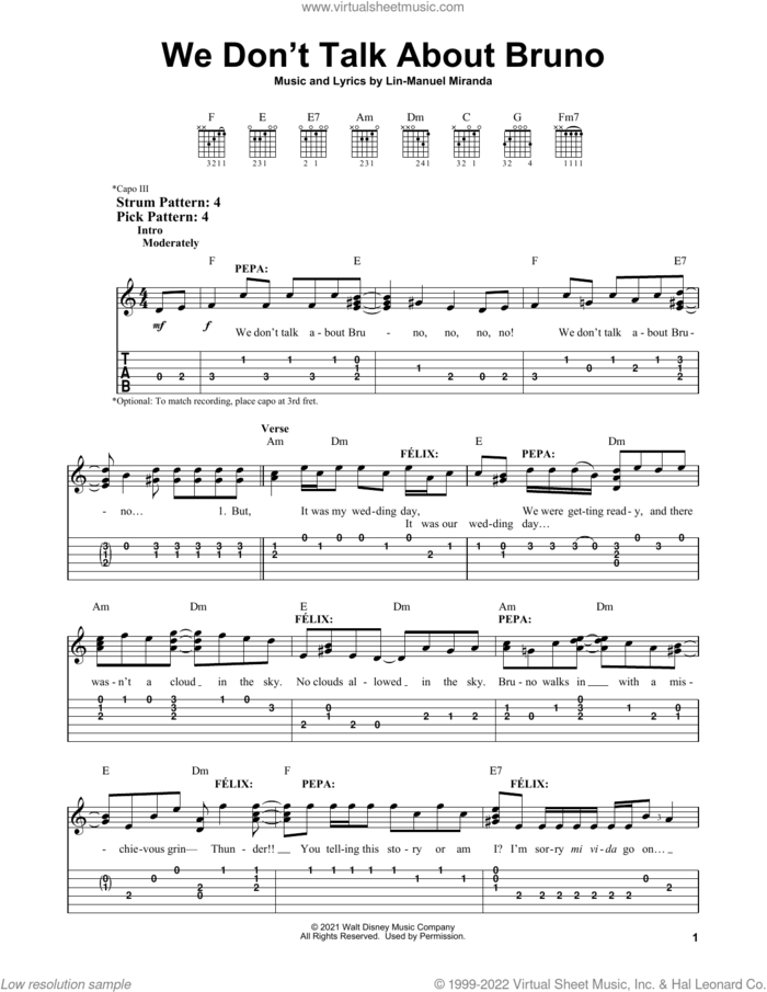 We Don't Talk About Bruno (from Encanto) sheet music for guitar solo (easy tablature) by Lin-Manuel Miranda, easy guitar (easy tablature)