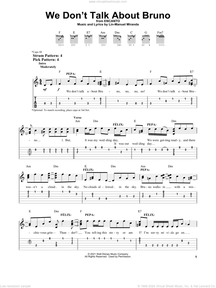 We Don't Talk About Bruno (from Encanto) sheet music for guitar solo (easy tablature) by Lin-Manuel Miranda, easy guitar (easy tablature)