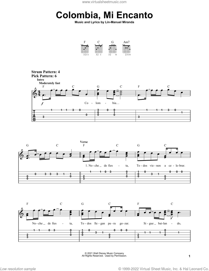 Colombia, Mi Encanto (from Encanto) sheet music for guitar solo (easy tablature) by Lin-Manuel Miranda and Carlos Vives, easy guitar (easy tablature)