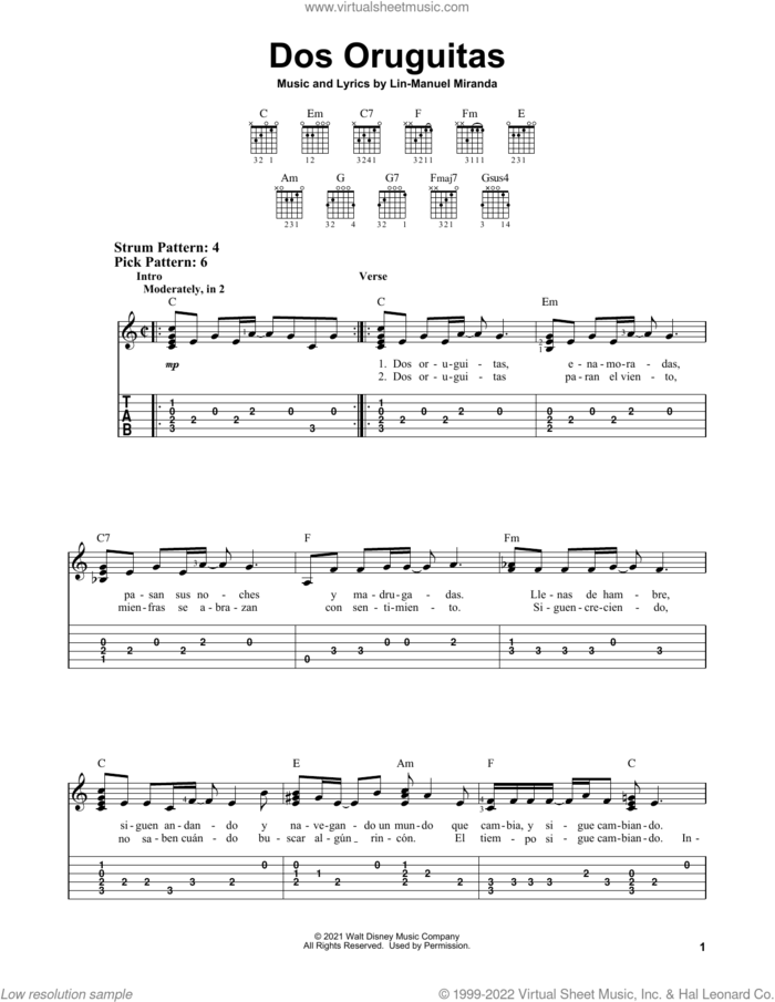 Dos Oruguitas (from Encanto) sheet music for guitar solo (easy tablature) by Lin-Manuel Miranda and Sebastian Yatra, easy guitar (easy tablature)