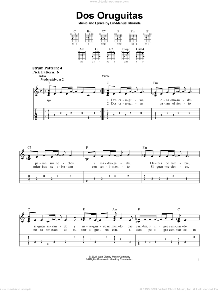 Dos Oruguitas (from Encanto) sheet music for guitar solo (easy tablature) by Lin-Manuel Miranda and Sebastian Yatra, easy guitar (easy tablature)