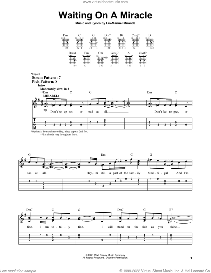 Waiting On A Miracle (from Encanto) sheet music for guitar solo (easy tablature) by Lin-Manuel Miranda and Stephanie Beatriz, easy guitar (easy tablature)