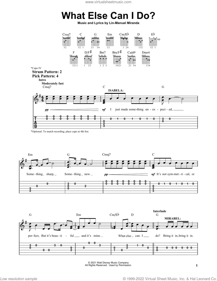 What Else Can I Do? (from Encanto) sheet music for guitar solo (easy tablature) by Lin-Manuel Miranda and Diane Guerrero & Stephanie Beatriz, easy guitar (easy tablature)