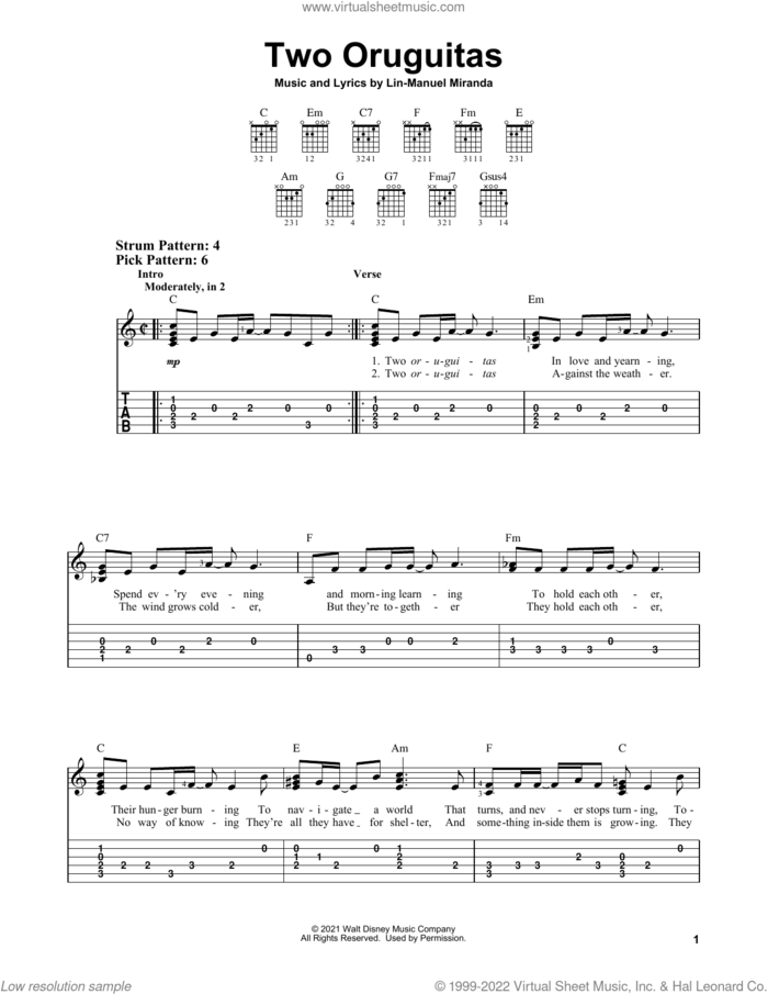 Two Oruguitas (from Encanto) sheet music for guitar solo (easy tablature) by Lin-Manuel Miranda, easy guitar (easy tablature)
