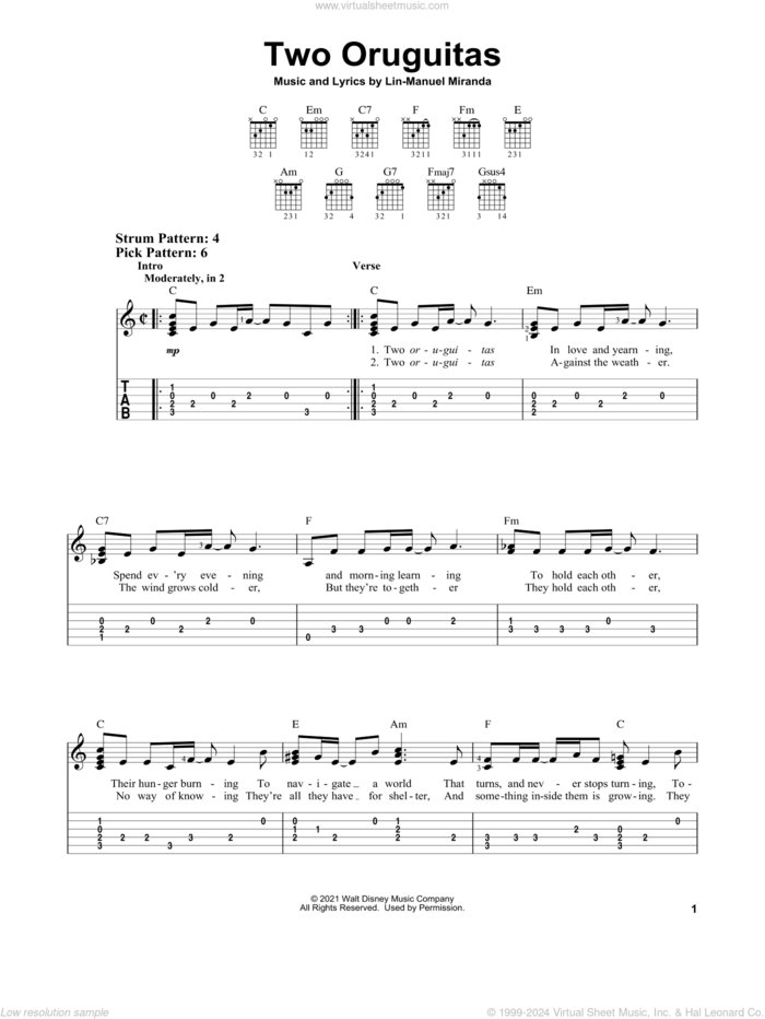 Two Oruguitas (from Encanto) sheet music for guitar solo (easy tablature) by Lin-Manuel Miranda, easy guitar (easy tablature)