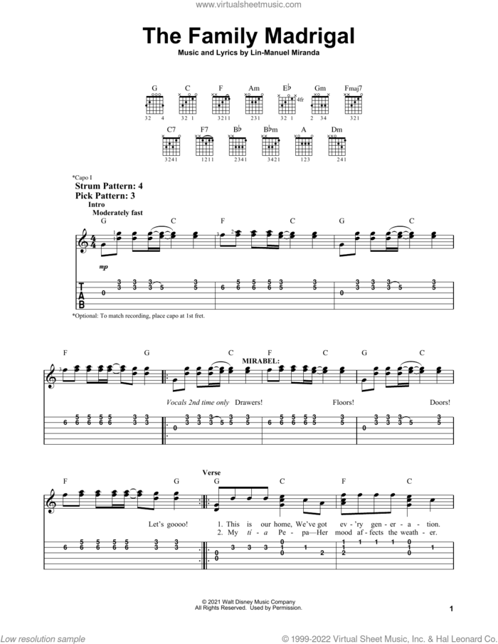 The Family Madrigal (from Encanto) sheet music for guitar solo (easy tablature) by Lin-Manuel Miranda and Stephanie Beatriz, Olga Merediz & Encanto Cast, easy guitar (easy tablature)