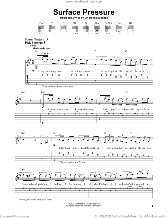Surface Pressure (from Encanto) sheet music for guitar solo (easy tablature) by Lin-Manuel Miranda and Jessica Darrow, easy guitar (easy tablature)