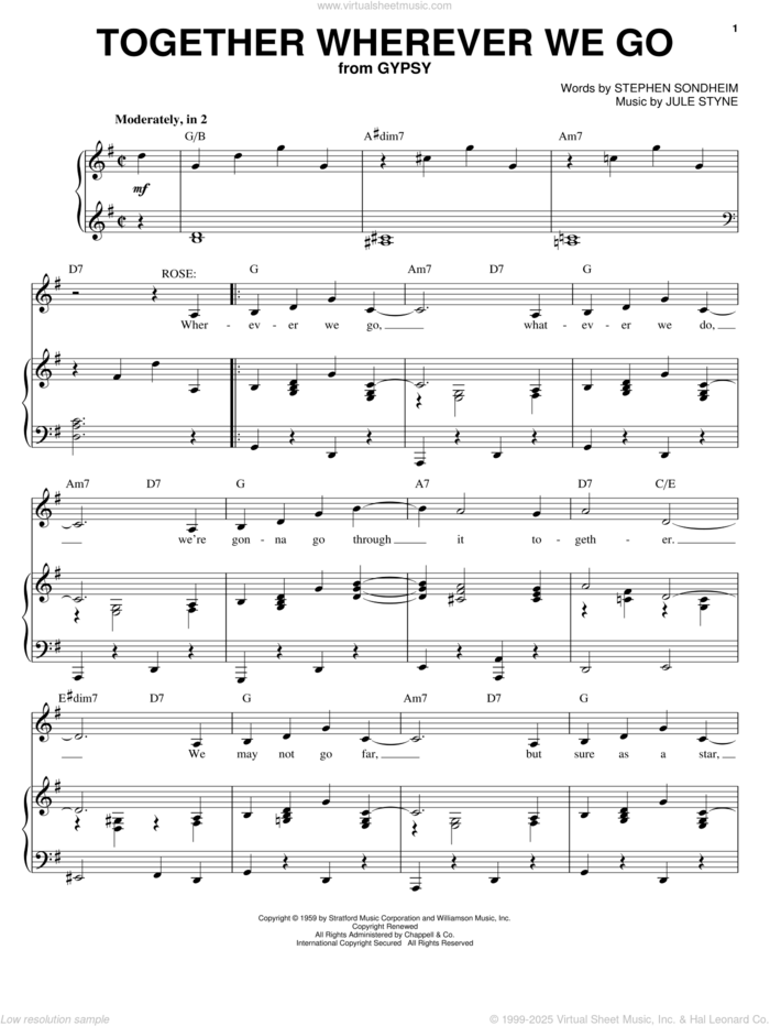 Together Wherever We Go sheet music for voice and piano by Stephen Sondheim, Gypsy (Musical) and Jule Styne, intermediate skill level