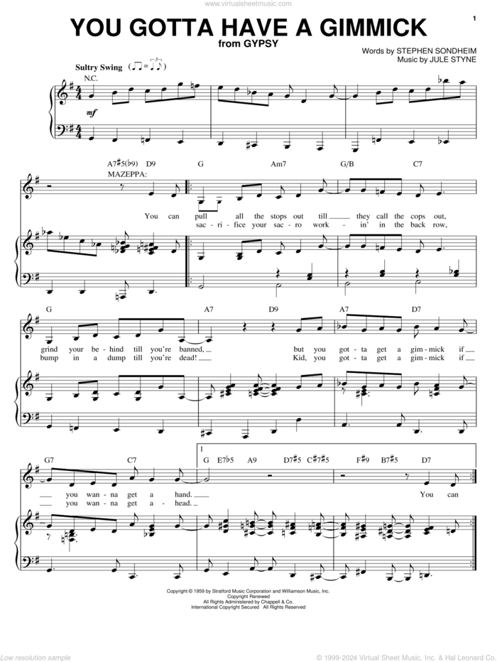 You Gotta Have A Gimmick sheet music for voice and piano by Stephen Sondheim, Faith Dane, Gypsy (Musical) and Jule Styne, intermediate skill level