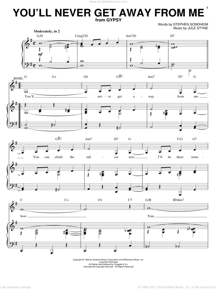 You'll Never Get Away From Me sheet music for voice and piano by Stephen Sondheim, Gypsy (Musical) and Jule Styne, intermediate skill level