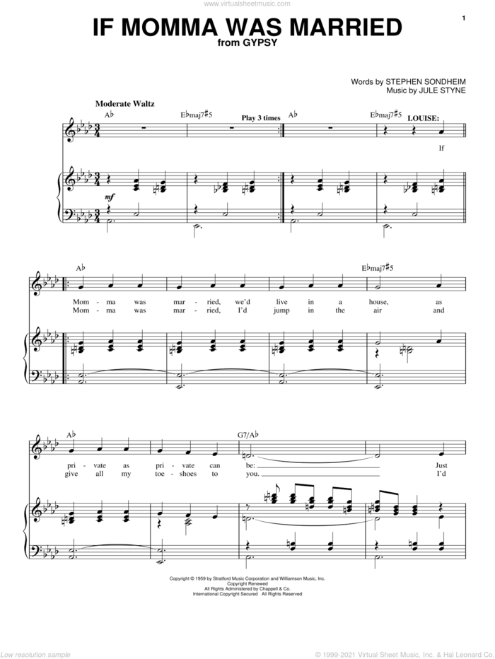 If Momma Was Married sheet music for voice and piano by Stephen Sondheim, Gypsy (Musical) and Jule Styne, intermediate skill level
