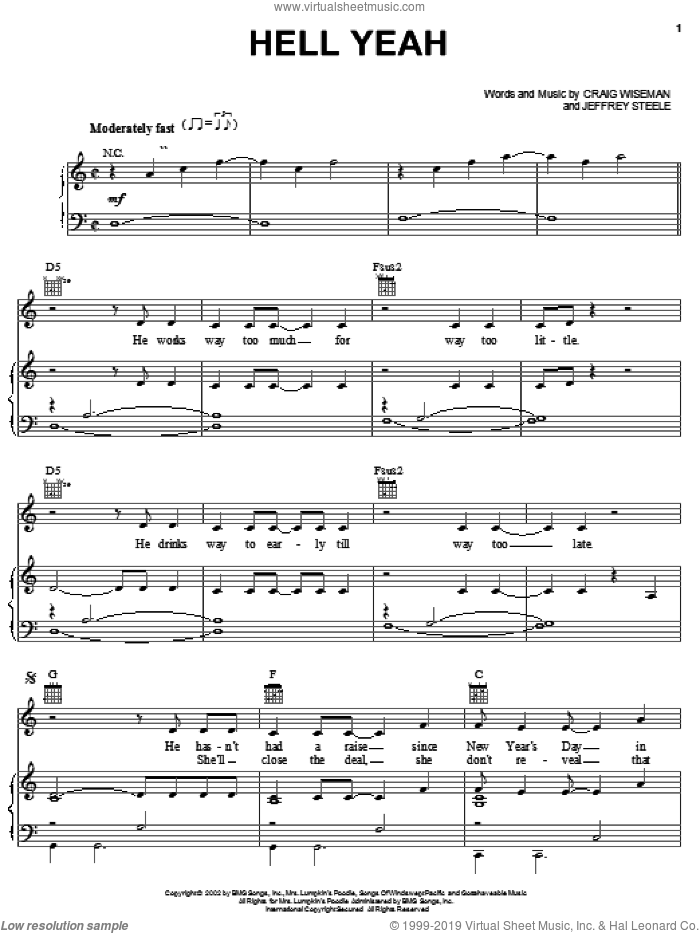 Hell Yeah sheet music for voice, piano or guitar by Montgomery Gentry, Craig Wiseman and Jeffrey Steele, intermediate skill level