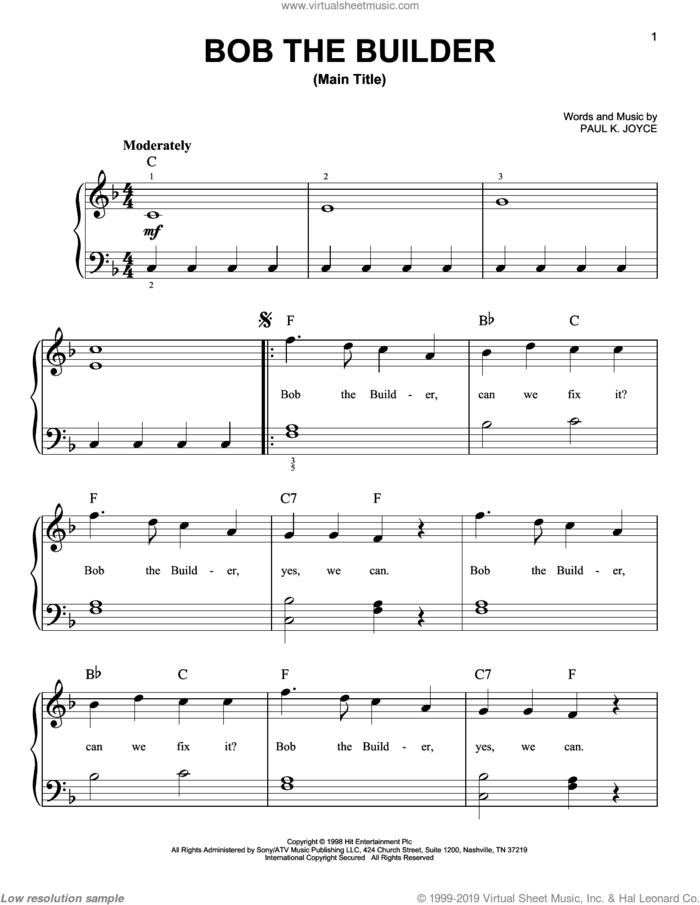 Bob The Builder 'Intro Theme Song' sheet music for piano solo by Paul Joyce, easy skill level