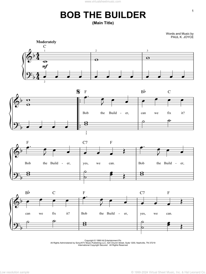 Bob The Builder 'Intro Theme Song' sheet music for piano solo by Paul Joyce, easy skill level