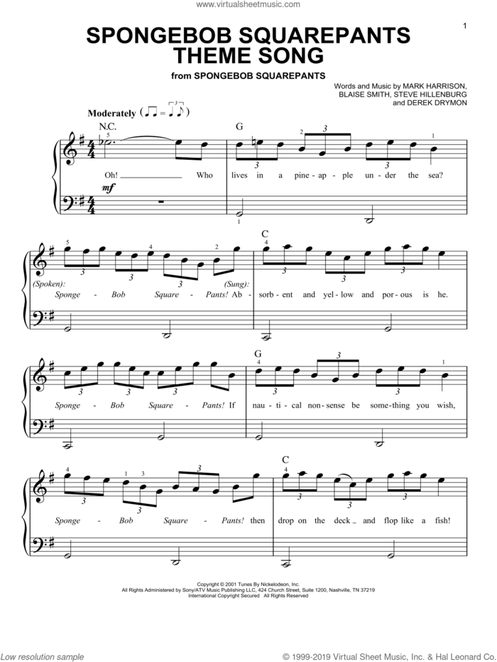 SpongeBob SquarePants Theme Song sheet music for piano solo by Mark Harrison, Blaise Smith and Steve Hillenburg, easy skill level