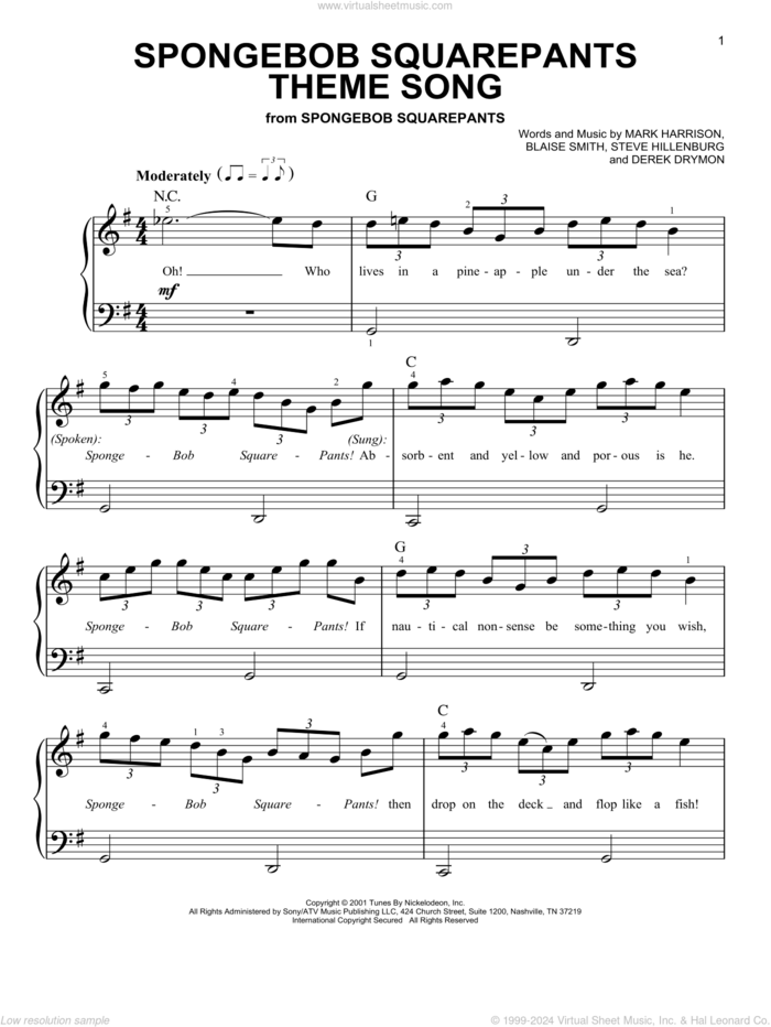 SpongeBob SquarePants Theme Song sheet music for piano solo by Mark Harrison, Blaise Smith and Steve Hillenburg, easy skill level