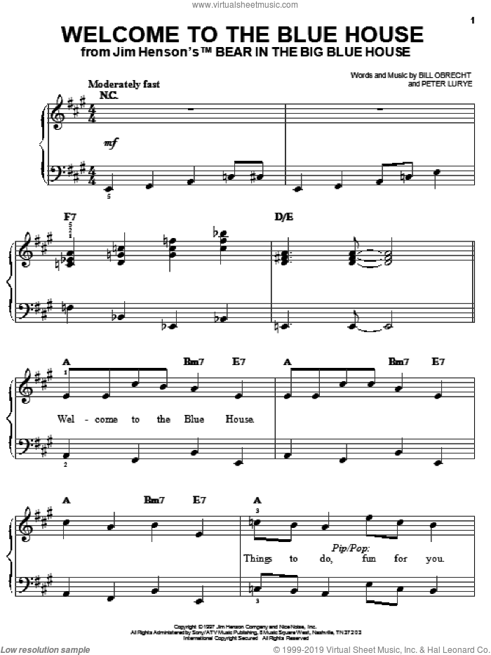 Welcome To The Blue House sheet music for piano solo by Bill Obrecht and Peter Lurye, easy skill level