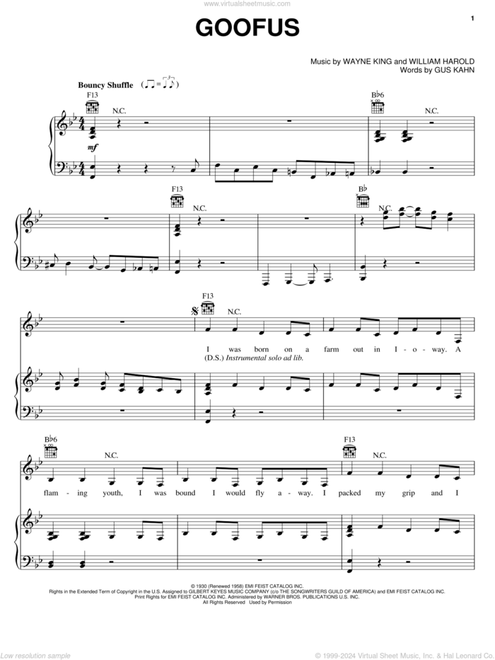 Goofus sheet music for voice, piano or guitar by Carpenters, Guy Lombardo, Les Paul, Gus Kahn, Wayne King and William Harold, intermediate skill level