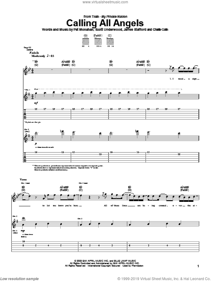 Calling All Angels sheet music for guitar (tablature) by Train, James Stafford, Pat Monahan and Scott Underwood, intermediate skill level