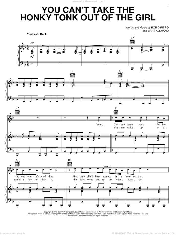 You Can't Take The Honky Tonk Out Of The Girl sheet music for voice, piano or guitar by Brooks & Dunn, Bart Allmand and Bob DiPiero, intermediate skill level