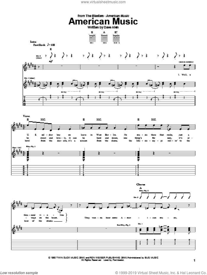 American Music sheet music for guitar (tablature) by The Blasters and Dave Alvin, intermediate skill level