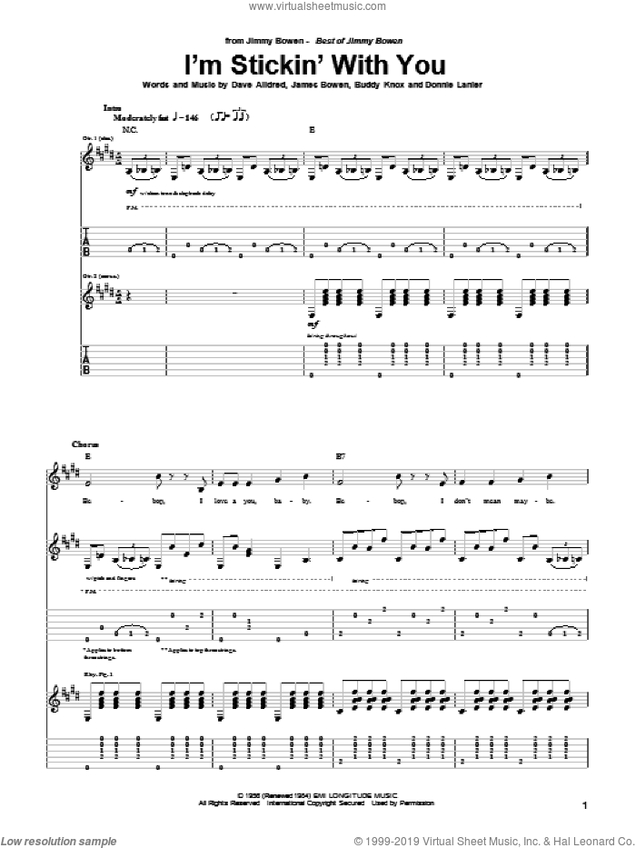 I'm Stickin' With You sheet music for guitar (tablature) by Jimmy Bowen, Buddy Knox, Dave Alldred and James Bowen, intermediate skill level