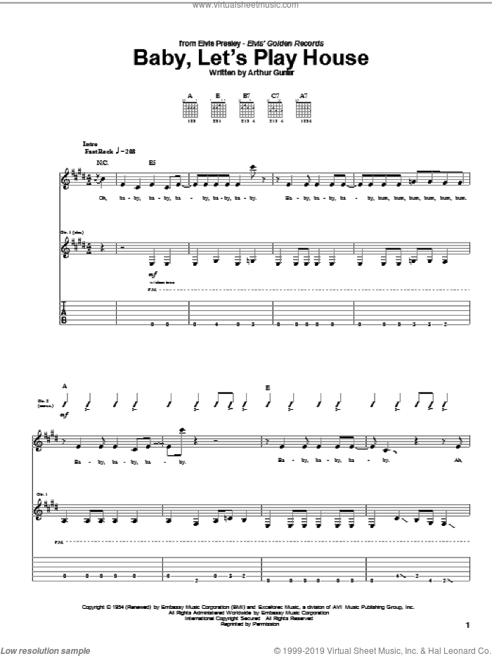 Baby, Let's Play House sheet music for guitar (tablature) by Elvis Presley and Arthur Gunter, intermediate skill level