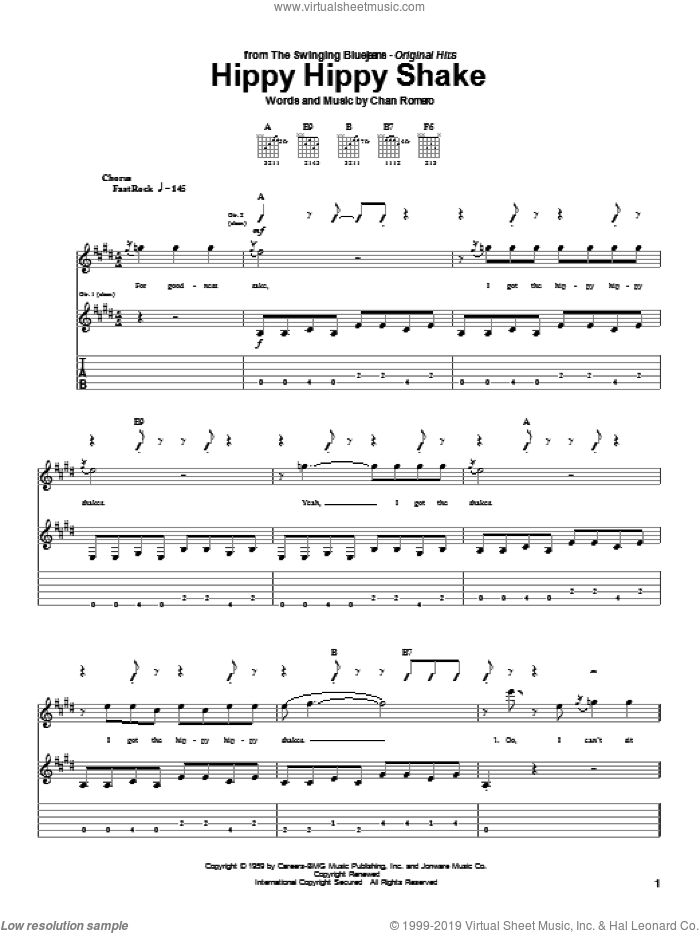 Hippy Hippy Shake sheet music for guitar (tablature) by Swinging Blue Jeans, Georgia Satellites, The Beatles and Chan Romero, intermediate skill level