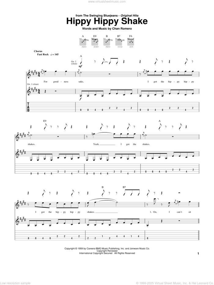 Hippy Hippy Shake sheet music for guitar (tablature) by Swinging Blue Jeans, Georgia Satellites, The Beatles and Chan Romero, intermediate skill level